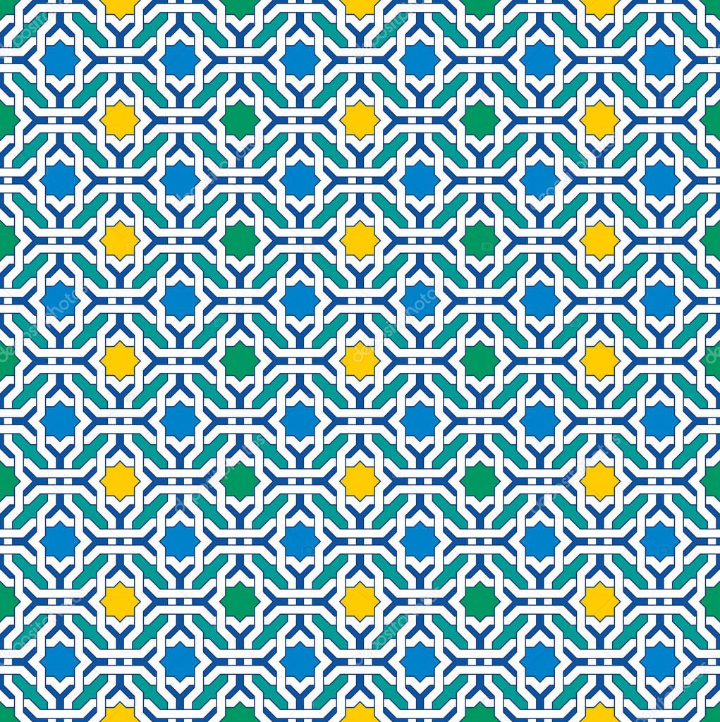 Arabic seamless mosaic pattern geometric texture background. Islamic decorative and design elements for textile, book covers, manufacturing, wallpapers, print, gift wrap.