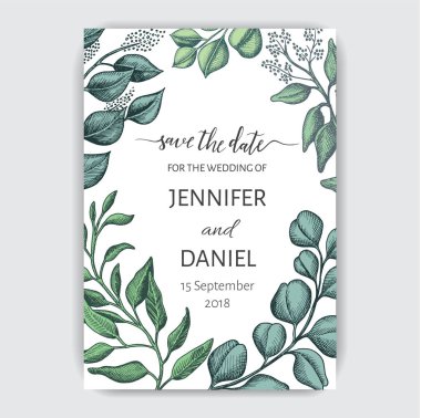 Resimde okaliptüs, etli çiçek düğün elle çizilmiş.