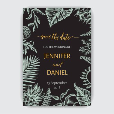 Egzotik palmiye vektör çizim ile davet düğün bırakır.