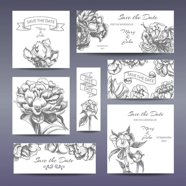 Vektor Illustration Skizze Karte Mit Blumen Chrysantheme Pfingstrose Hochzeitseinladung Sommerblumen — Stockvektor