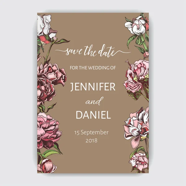 Vektör illüstrasyon kroki - kart ile çiçek krizantem, Şakayık. Çiçek düğün davetiyesi. Yıldızçiçeği, Ruscus, kartopu.