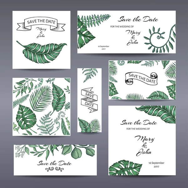 Wedding Invitation Vector Illustration Exotic Palm Leaves — Stock Vector