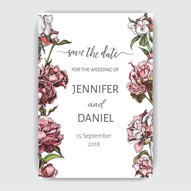 Kasımpatı ve şakayık çiçekleri beyaz arka plan üzerinde renkli Davetiyeli