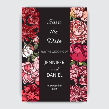 Kasımpatı ve şakayık çiçekleri ile renkli davetiye 