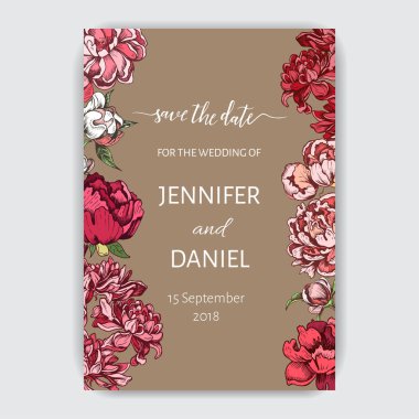 Kasımpatı ve şakayık çiçekleri ile renkli davetiye 