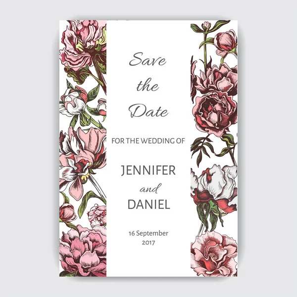 Kasımpatı ve şakayık çiçekleri beyaz arka plan üzerinde renkli Davetiyeli