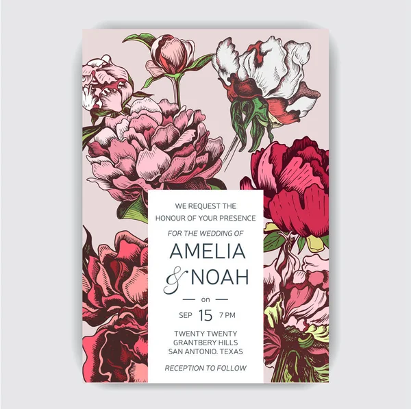 Vektoros Illusztráció Vázlat Kártya Virággal Esküvői Meghívó Virág Viburnum Dáliák — Stock Vector