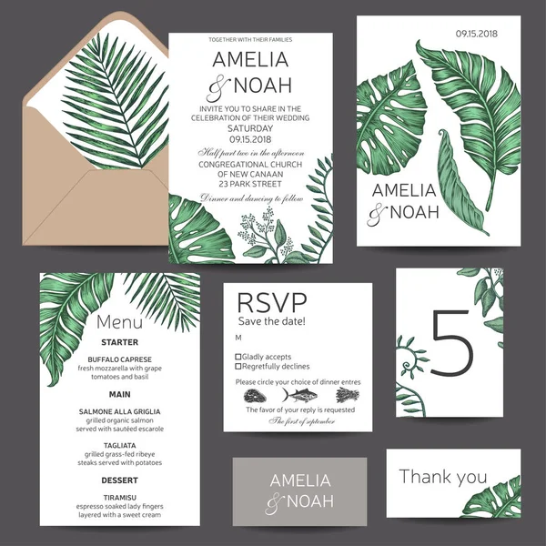 Wedding Invitation Vector Illustration Exotic Palm Leaves — Stock Vector