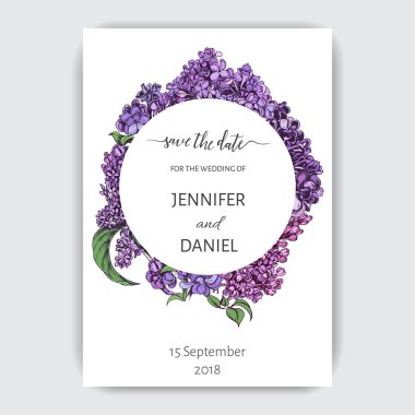 Vektör el çizilmiş desen. Eflatun çiçekli kart.