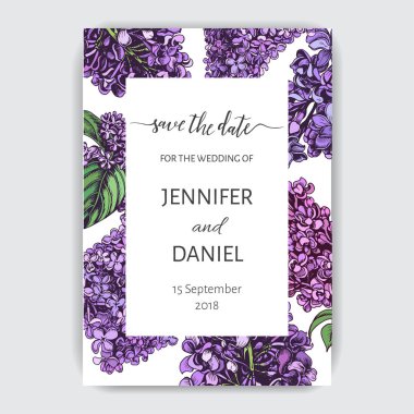 Vektör el çizilmiş desen. Eflatun çiçekli kart.