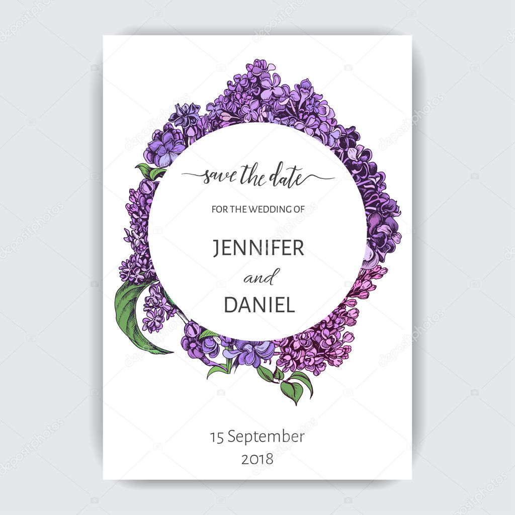 Vector hand drawn pattern. Card with Lilac flowers.