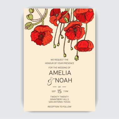 Tarihi daveti kaydedin. Vektör düğün çizim haşhaş çiçekleri ile.