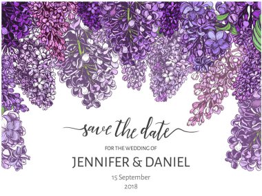 Vektör el çizilmiş desen. Eflatun çiçekli kart.