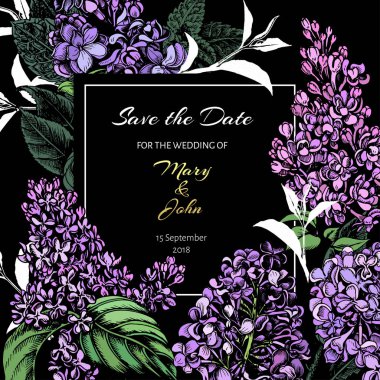 Vektör el çizilmiş desen. Eflatun çiçekli kart.