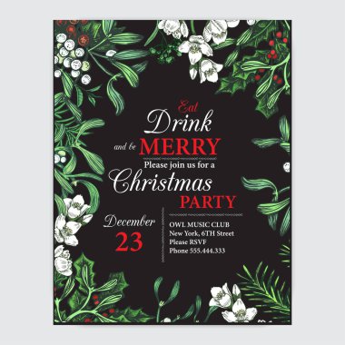 Vektör çizim kroki - tebrik kartları ve tatil tasarım. Vintage Xmas menü. Dekorasyon - kürk ağaç xmas tasarımı için Noel el çekilmiş.