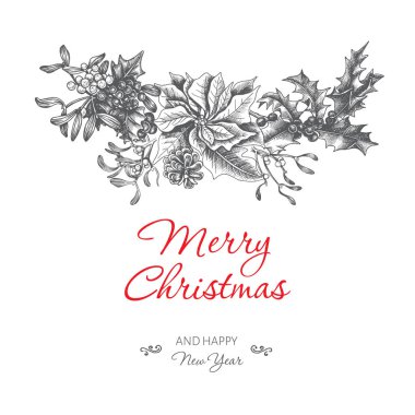 Vektör çizim kroki - tebrik kartları ve tatil tasarım. Vintage Xmas menü. Noel el dekorasyon - kürk ağaç xmas tasarımı için çekilmiş. Toplar, oyuncak, ökse otu ve köknar-koni ile.