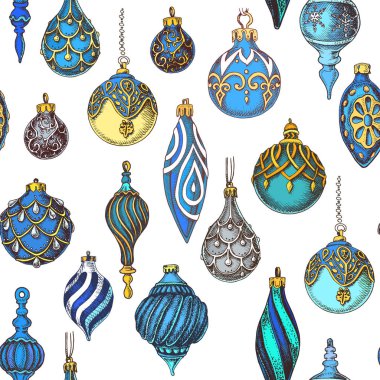 Renkli Noel süslemeleri beyaz arka planda, vektör çizim ile Seamless modeli 