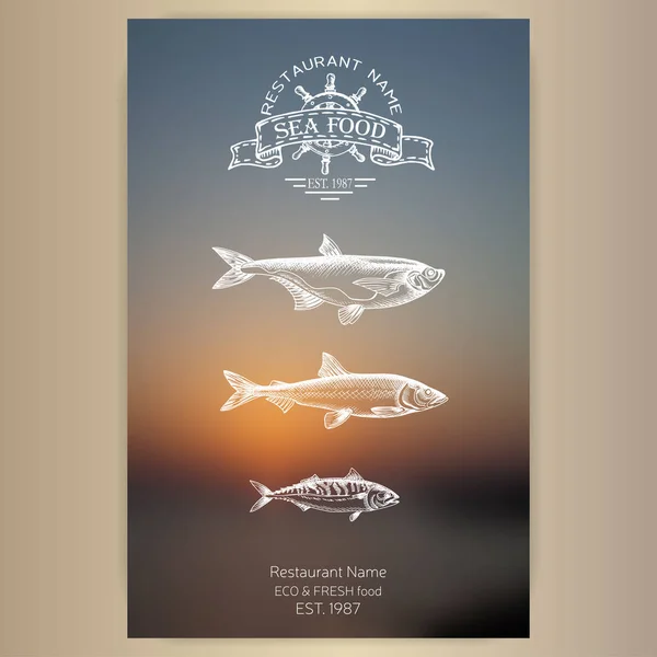 Desenho de ilustração vetorial - frutos do mar de logotipo. Cartão Menu restaurante . — Vetor de Stock