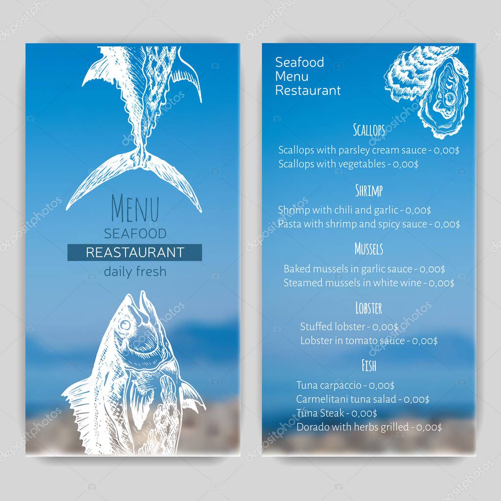 Vector illustration sketch - logo seafood. Menu restaurant.