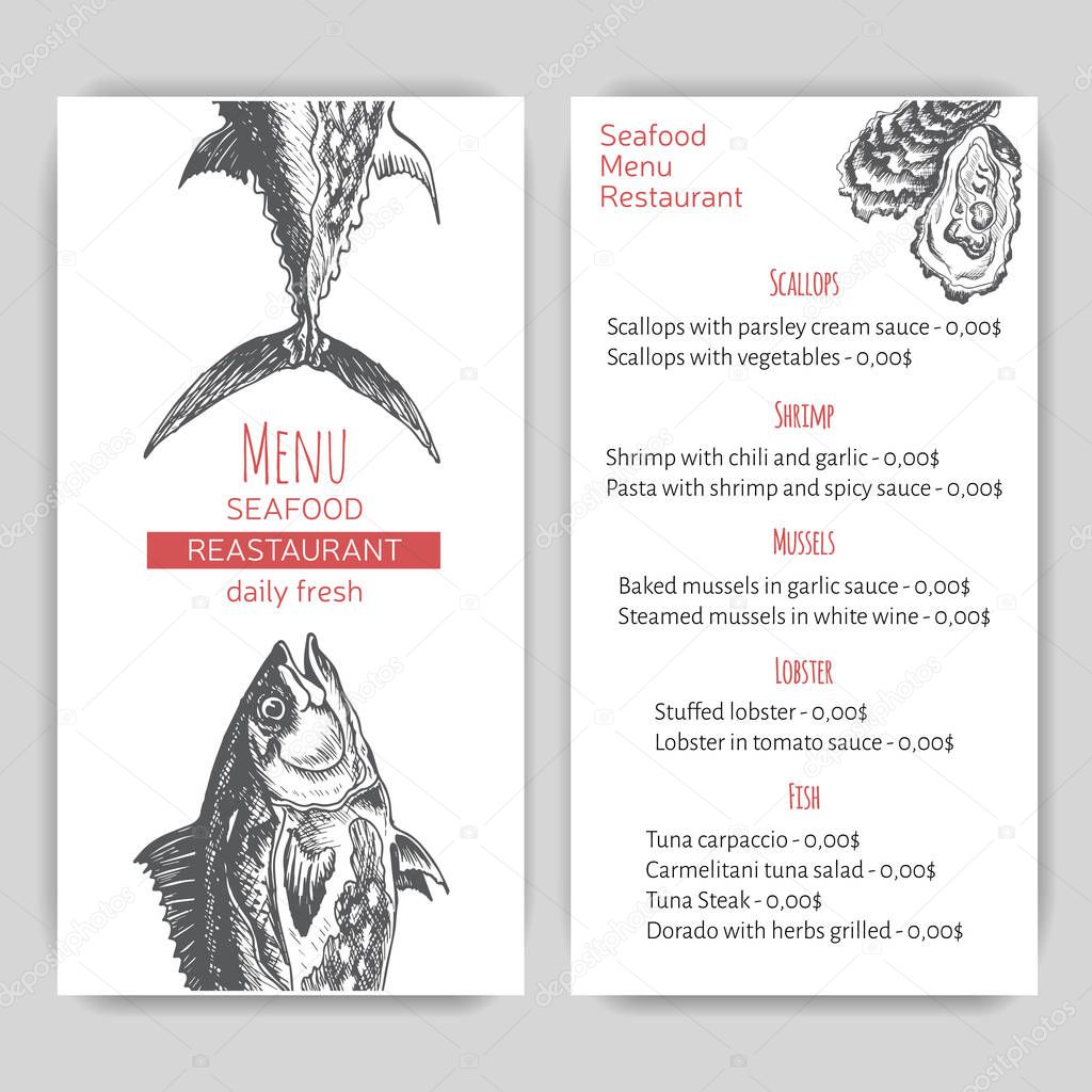 Vector illustration sketch - logo seafood. Menu restaurant.