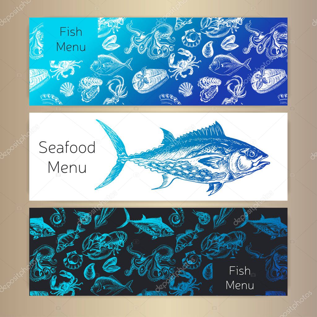 Vector illustration sketch - logo seafood. Menu restaurant.