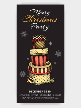 Noel Partisi Davetiyesi. Tatil kartı şablonu x-mas çizilmiş grafik ile renkli vektör çizim.