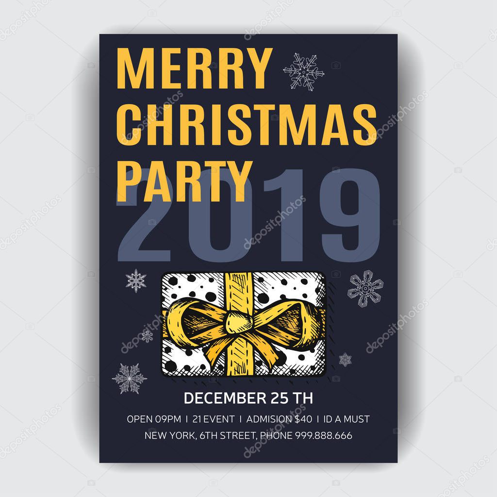 Christmas party invitation. Colorful vector illustration of holiday card template with x-mas hand-drawn graphic.