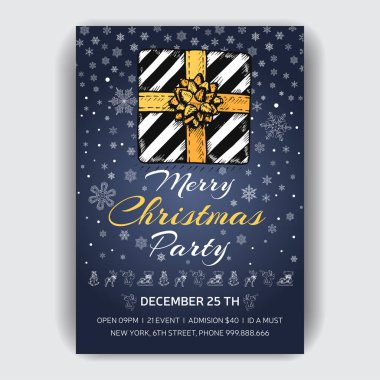 Noel Partisi Davetiyesi. Xmas çizilmiş grafik illüstrasyon ile tasarım şablonu.