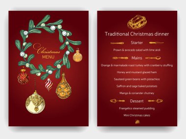 Vektör çizim kroki - tebrik kartları ve tatil tasarım. Vintage Xmas menü. Dekorasyon - kürk ağaç xmas tasarımı için Noel el çekilmiş.