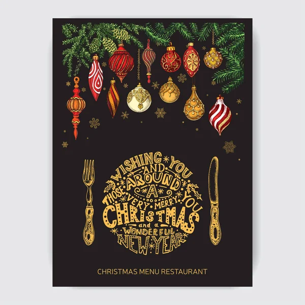 ベクトル イラスト グリーティング カードと休日のデザインをスケッチします クリスマス手は クリスマス デザインの毛皮ツリーの装飾を描画します ヴィンテージのクリスマス メニュー — ストックベクタ
