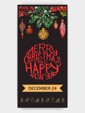 Vektör çizim kroki - tebrik kartları ve tatil tasarım. Vintage Xmas menü. Noel el dekorasyon - kürk ağaç xmas tasarımı için çekilmiş. Toplar, oyuncak, ökse otu ve köknar-koni ile.