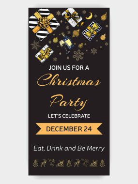 Noel Partisi Davetiyesi. Xmas çizilmiş grafik çizimler ile tasarım şablonu.