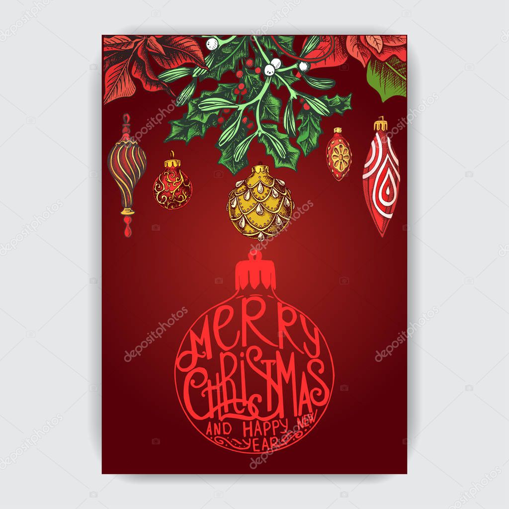 Vector illustration sketch - Greeting cards and holiday design. Vintage Xmas Menu. Christmas hand drawn Decorations - fur tree for xmas design. With balls, toys, mistletoe and fir-cone.