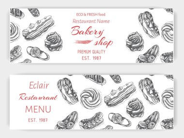 Pastane dükkanı afiş ile beyaz çeşitli taze tatlı kek skeçler