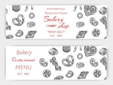 Pastane dükkanı afiş ile beyaz çeşitli taze tatlı hamur işleri skeçler