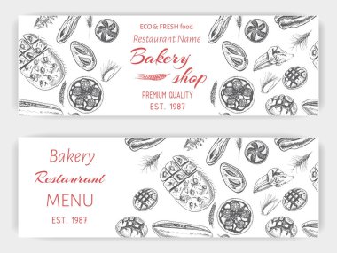 İtalyan fırın dükkanı afiş ile beyaz çeşitli taze kokulu hamur işleri skeçler