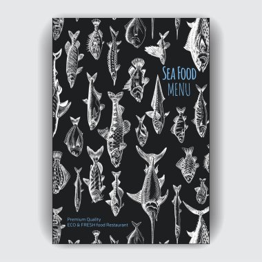 Deniz ürünleri, restoran menü vektör illüstrasyon kroki