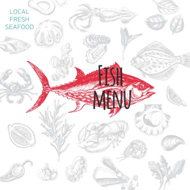 Deniz ürünleri, restoran menü vektör illüstrasyon kroki