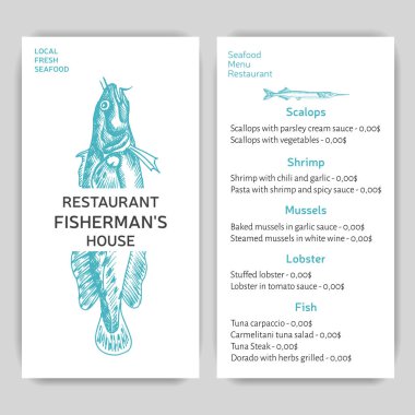 Deniz ürünleri, restoran menü vektör illüstrasyon kroki