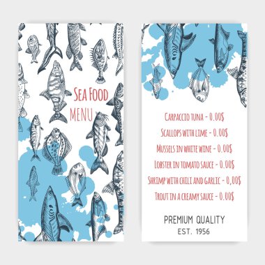 Deniz ürünleri, restoran menü vektör illüstrasyon kroki