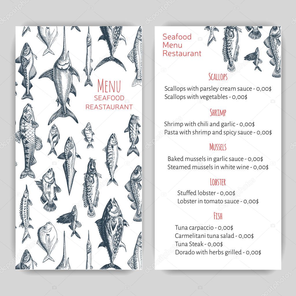 Vector illustration sketch of seafood, restaurant menu
