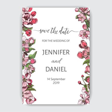 düğün davetiye kartı elma çiçeği ile vektör çizim