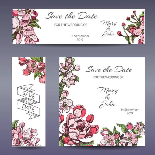 Vektor Illustration Der Hochzeitseinladungskarte Mit Apfelblüte — Stockvektor