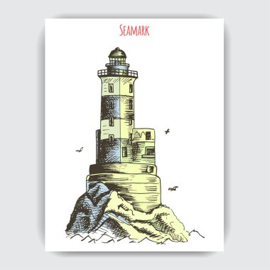 Deniz feneri ile deniz ürünleri menü Restoran logo vektör illüstrasyon kroki