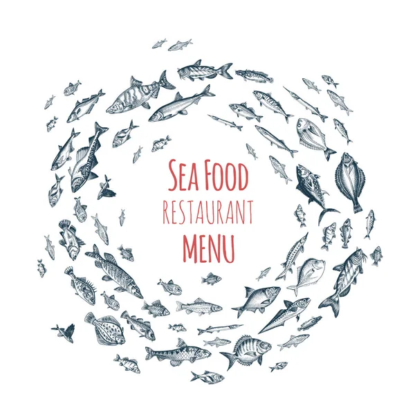 Desenho de ilustração vetorial - mercado de peixe. Cartão de menu de frutos do mar. modelo de design vintage, banner . —  Vetores de Stock