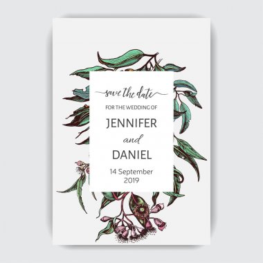 hand drawn wedding illustration of wedding card with succulent flowers clipart