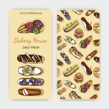 Tatlı eclairs vektör illüstrasyon, fırın kartı