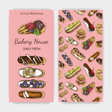 Tatlı eclairs vektör illüstrasyon, fırın kartı