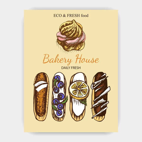 Ilustração Vetorial Eclairs Doces Cartão Padaria —  Vetores de Stock