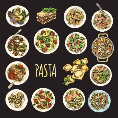 menü için İtalyan makarna vektör illüstrasyon kroki